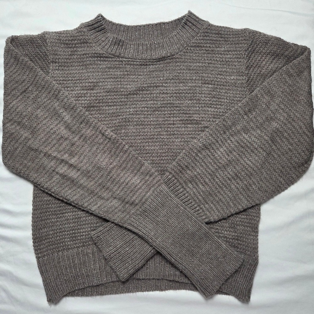 Express Womens M Taupe Brown Metallic Shimmer Ribbed Knit Crew Neck Sweater
